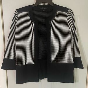 Ming Wang Cardigan Sweater Women’s Large Black Stripe Open Front 3/4 Sleeve